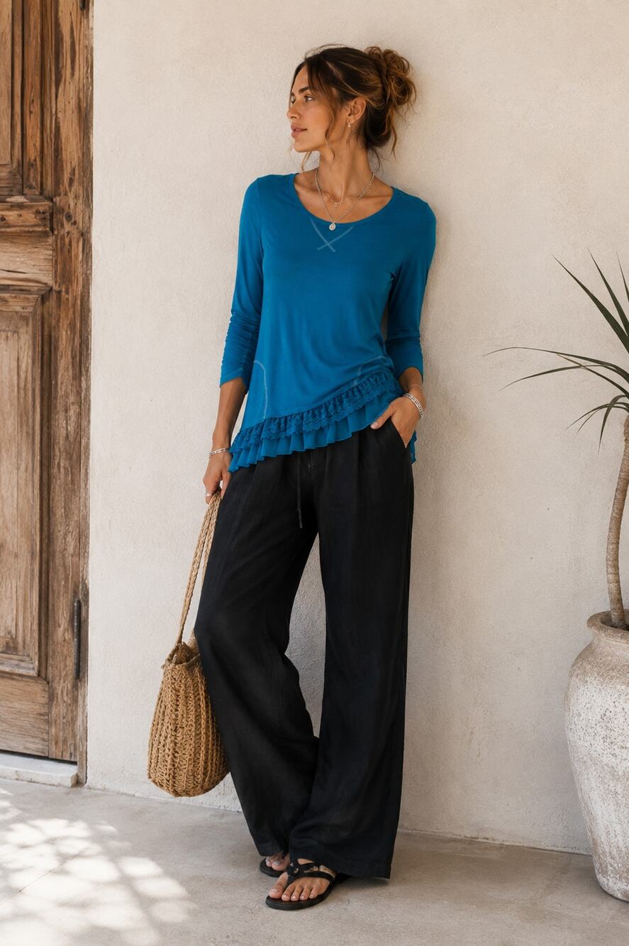 Logo Lori Goldstein Teal Blue Lace Trim Long Sleeve Top Womens S Scoop Neck